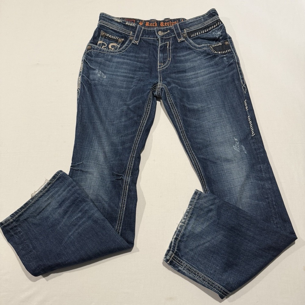 Rock Revival Nathan Relaxed Straight Jeans Mens Size 33 Thick Stitch Distressed